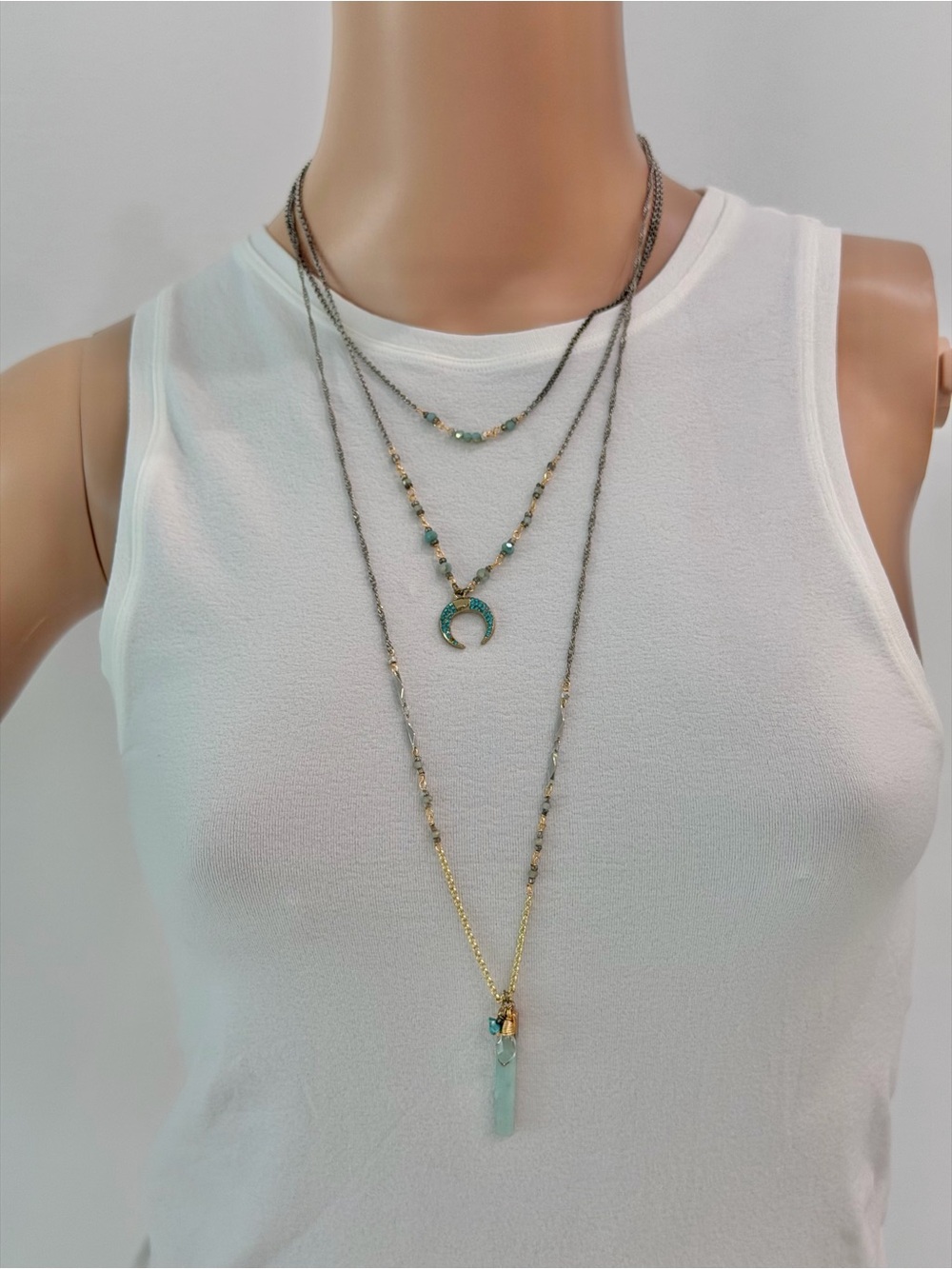 Feminine Lucky Brand Layered Turquoise Moon and Crystal Pendant Boho Necklace